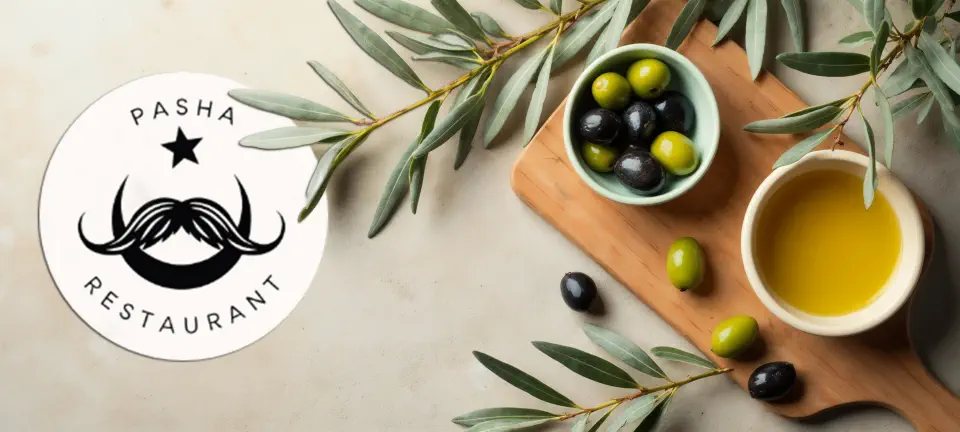 Pasha Turkish Restaurant logo with olives and olive oil